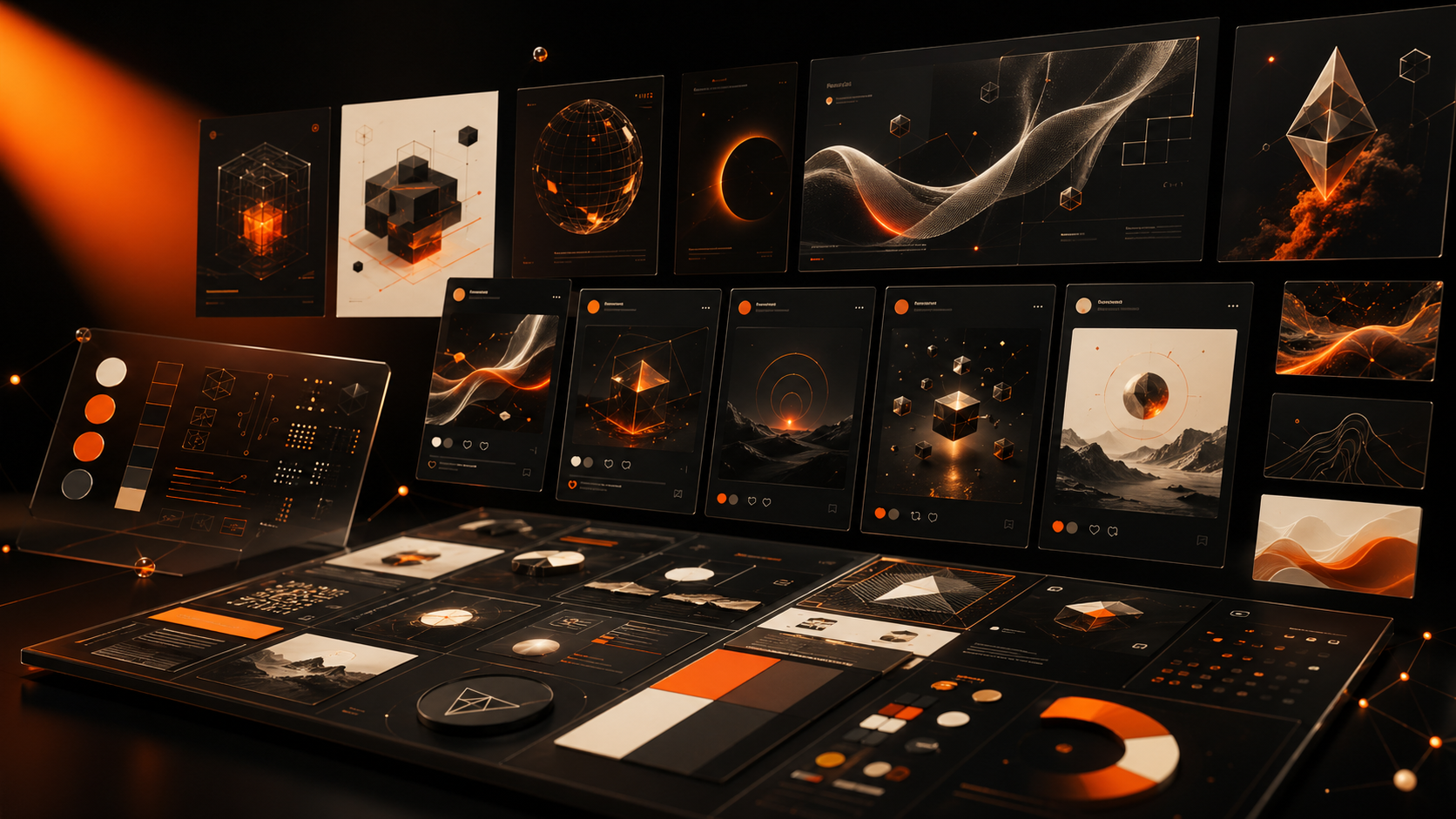 Crypto social media campaign system with modular post cards and orange-accented visual boards