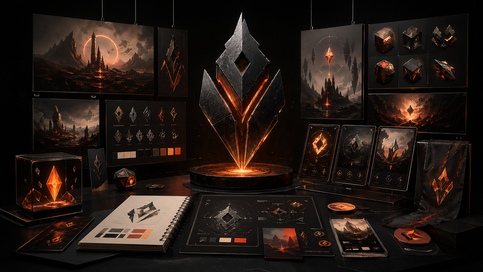 NFT gaming brand identity system with dark world panels, emblem artifacts, and orange lighting