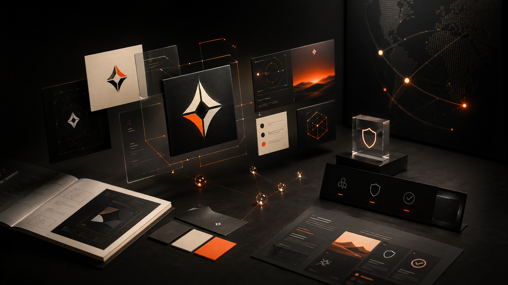 Premium Web3 brand trust system with identity panels and orange-accented design artifacts